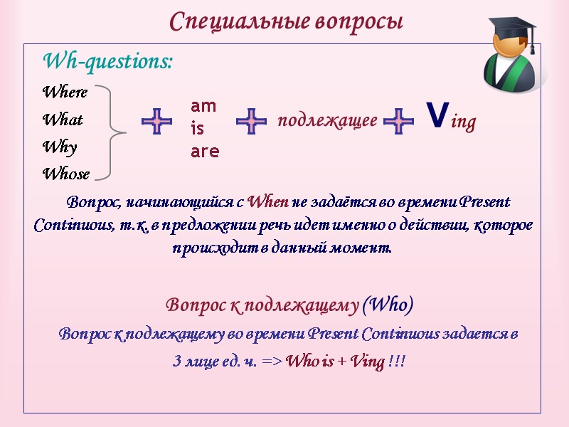 Wh-questions: Where What Why Whose Вопрос, начинающийся с When не задаётся во времени Present